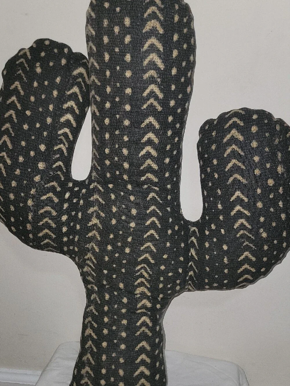 Handmade Cactus Pillow - Black & Cream Tribal Print With Leather On Back